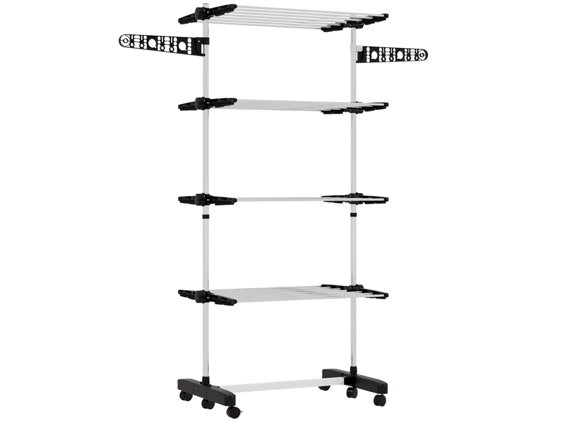 Tendedero Vertical Con 4 Estantes Ajustables, De Acero Y Plástico, 142x55x172cm, Negro Y Plata.