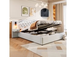 Cama Tapizada 180x200 Cm Con Almacenamiento, Cabecero Integrado, Elevación Hidráulica, Usb, 2 Lámparas Led, Color Beige.