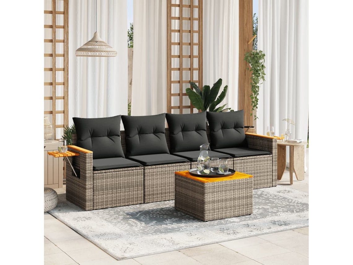 Conjunto de sofá de jardín de 5 piezas con cojines, ratán gris, DKD Home Decor