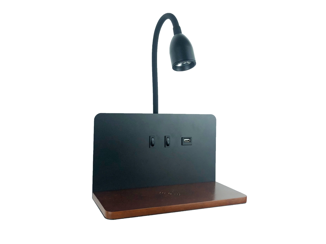 Aplique LED de pared para interior con puerto USB y carga inalámbrica, rotación de 360°. Mdug (negro)