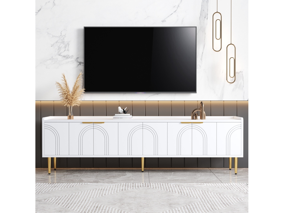 Mueble TV, mueble bajo lateral, puertas texturizadas, tiradores y patas dorados, 170 cm de largo x 35 cm de ancho x 47,5 cm de alto.