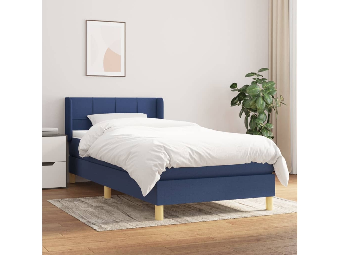 Cama Box Spring Con Colchón Tela Azul 80x200 Cm