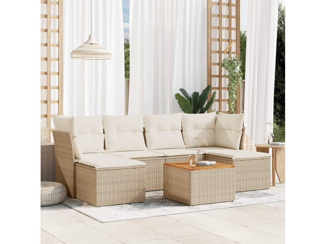 Conjunto de sofá de jardín de 7 piezas con cojines, mimbre sintético beige, Dkd Home Decor