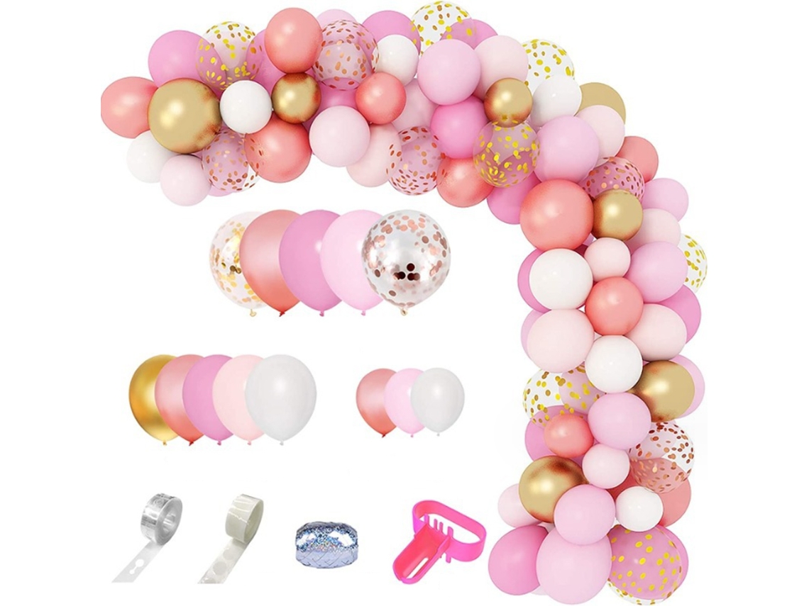 MEOIRUERY Kit de Guirnalda - Arco con Globos Blancos, Rosas y Dorados con Confeti Rosa y Dorado