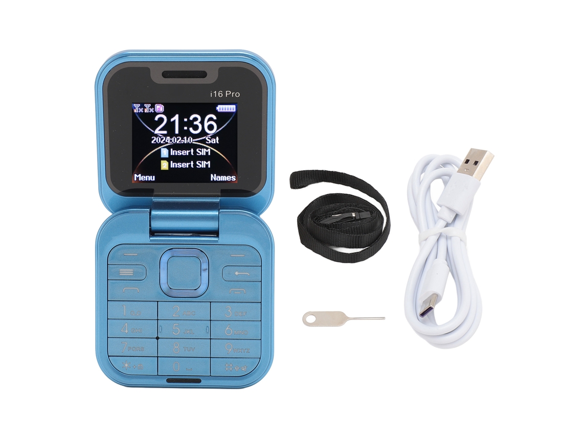Teléfono pequeño plegable I16pro con doble SIM, doble modo de espera, tarjeta de memoria de 16 GB, multiidioma, 2 GB de bolsillo, para niños y ancianos, color azul