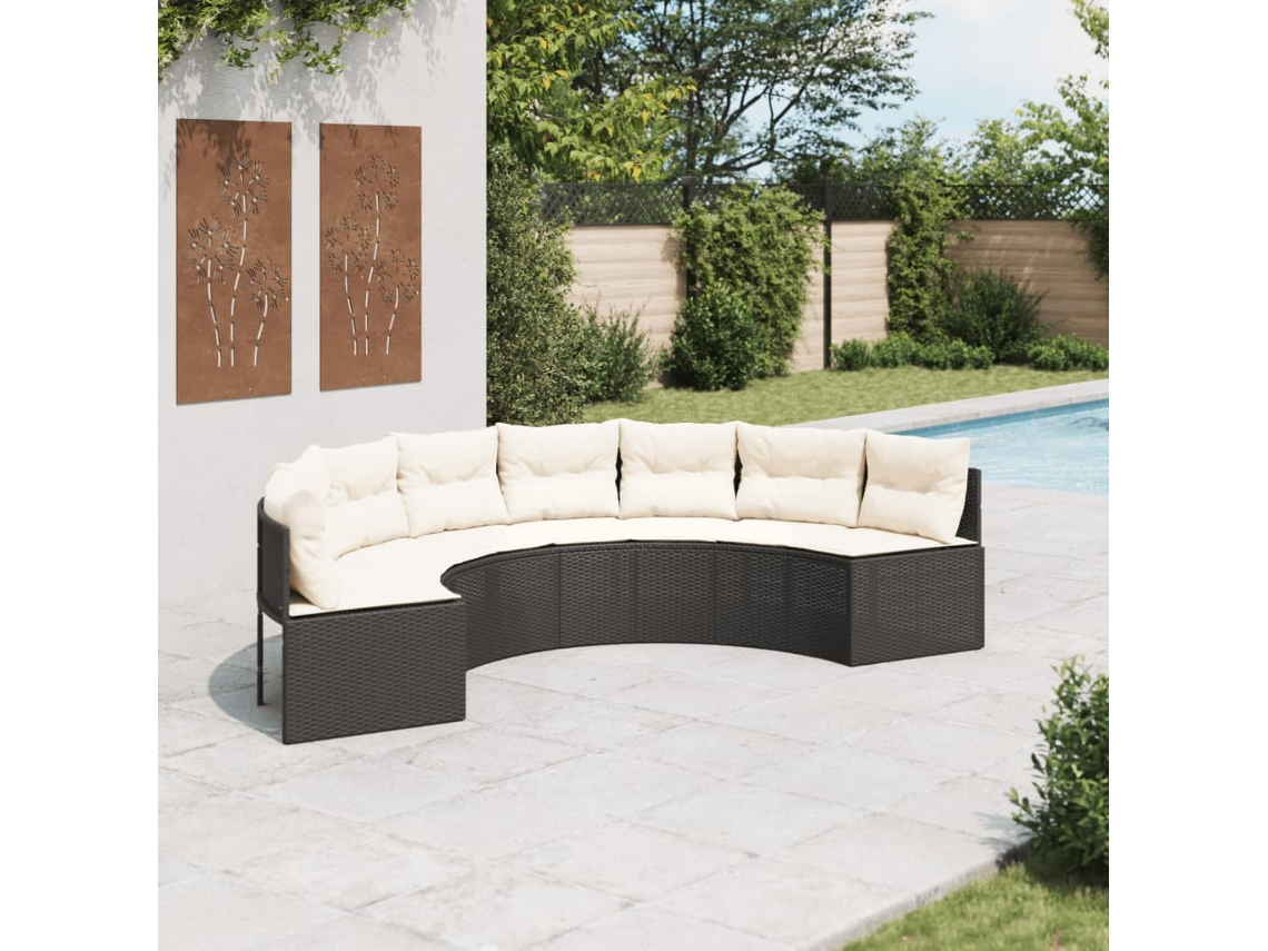 Sofá de jardín semicircular con cojines en mimbre negro, Dkd Home Decor