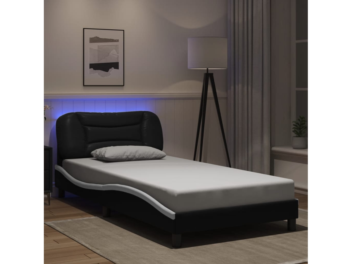 Estructura Cama Con Led Cuero Sintético Negro Blanco 100x200 Cm