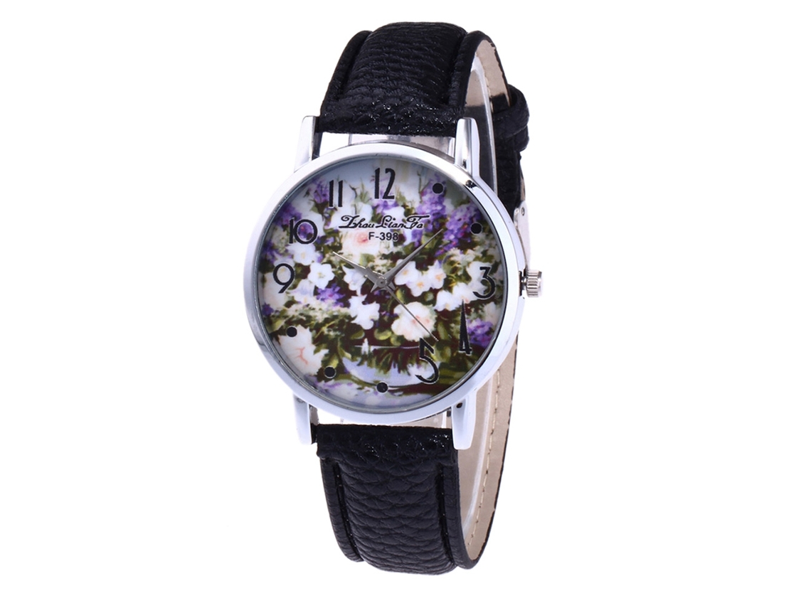 Reloj De Pulsera Casual Para Mujer Zhoulianfa Con Estampado Floral Y Correa De Cuero Negro.