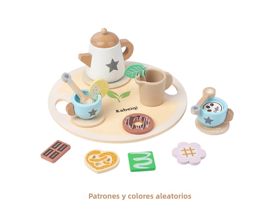 Juego de té infantil de madera para jugar a preparar té, con tetera y tazas. Mdug (Estrella Gris)