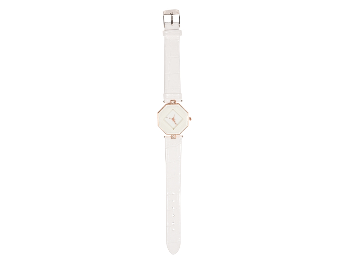 Reloj Analógico De Cuarzo Para Mujer Con Esfera Romboidal Y Diamantes De Imitación, Correa De Pu Blanca.