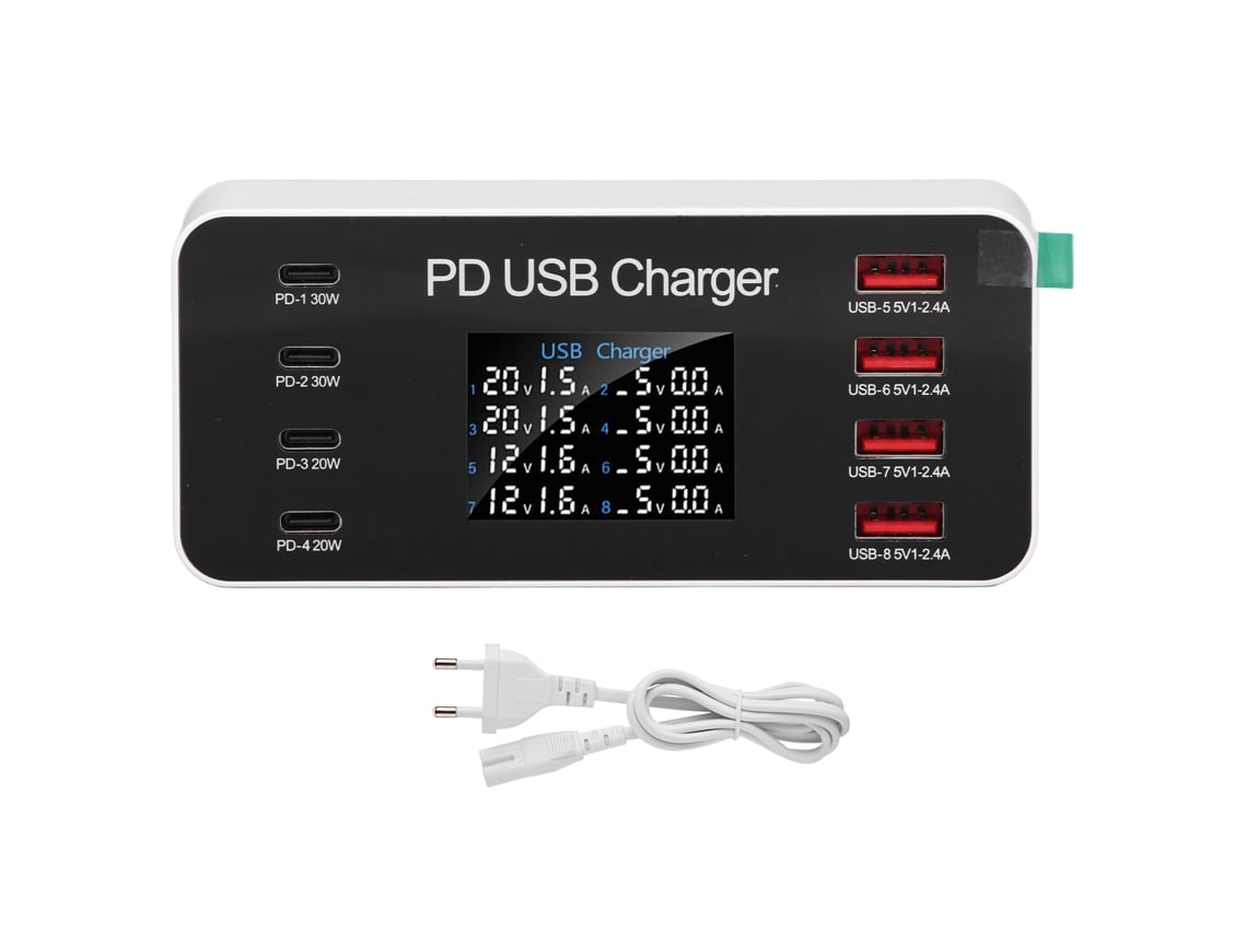 Cargador De Escritorio Usb De 8 Puertos Pd De 30 W Con Pantalla Digital Y Enchufe Europeo.