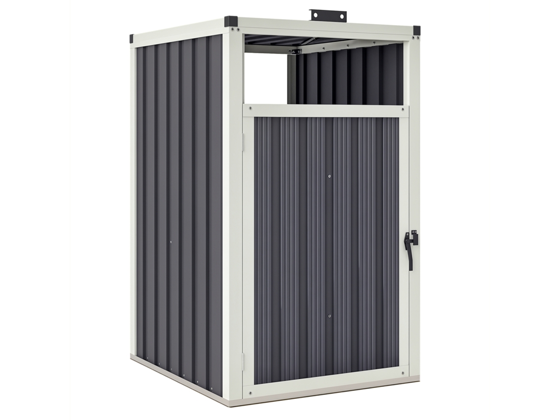 Tapa para cubo de basura de 240 L, con apertura de 180°, fabricada en acero galvanizado, mide 73 x 81 x 122 cm y está pintada en gris oscuro.
