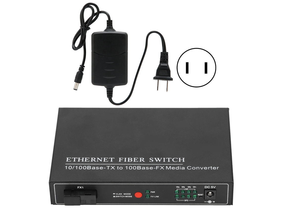 Transceptor de fibra óptica (100 m, 1 fibra, 4 Ethernet, fibra monomodo)