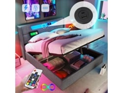 Cama Doble 160x200 Cm, Led Y Usb-c, Almacenamiento, Lino Gris, Base Incluida, Colchón No Incluido.