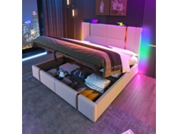 Cama Doble 180x200 Cm Beige, Led, Usb-c, Almacenamiento, Somier De Láminas, Sin Colchón.
