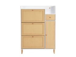 Zapatero de madera y ratán con 3 puertas abatibles y 1 cajón con estante ajustable en color natural y blanco Mobrio