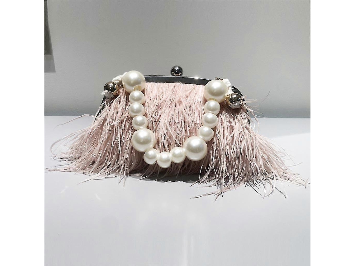Bolso de noche con plumas, bolso cruzado, azul, rosa, blanco, cadena de perlas y cadena de serpiente, rosa, A