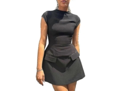 Vestido mini elegante liso con bolsillos y cuello redondo y manga corta de corte A para mujer