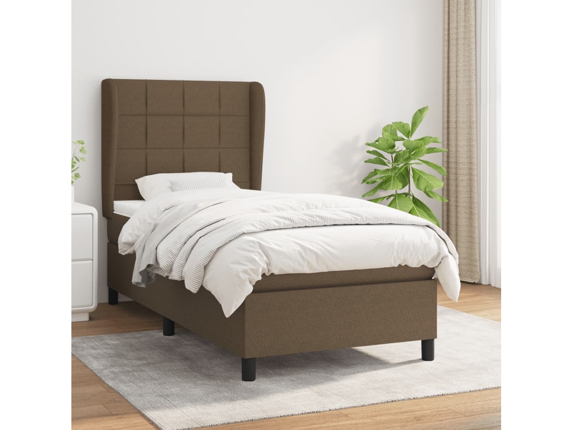 Cama Box Spring Con Colchón Tela Marrón Oscuro 90x200 Cm