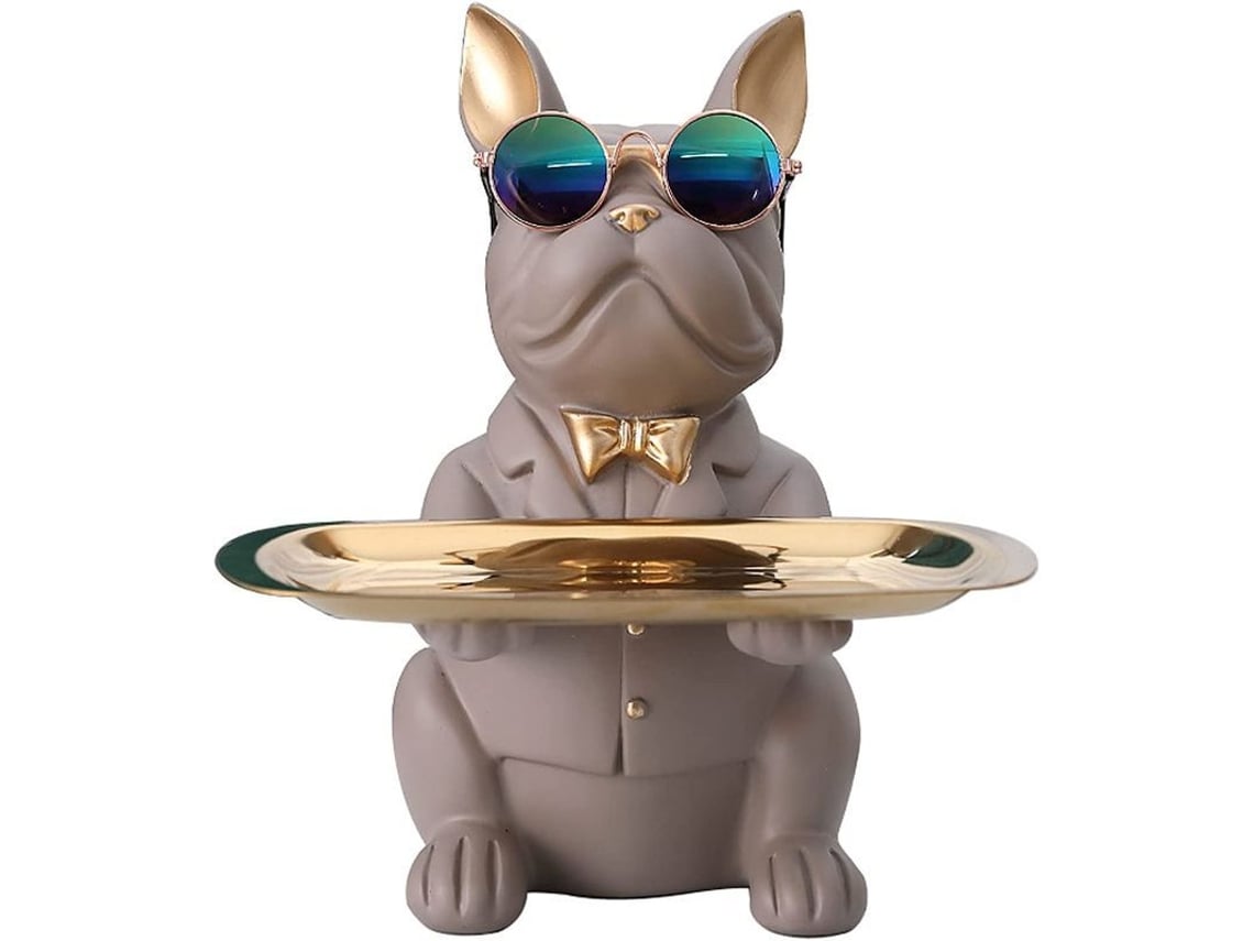 Estatua De Bulldog Francés Con Bandeja De Acero Inoxidable Para Decoración Y Almacenamiento - Gris