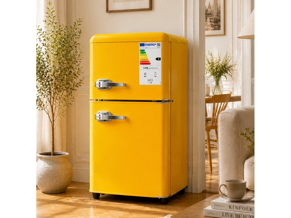 Refrigerador De Dos Puertas 86l 56l+30l Control De Eficiencia De 7 Niveles Led Amarillo