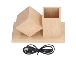 Reloj despertador digital de madera con control de voz portátil, pantalla LED, batería USB HD y termómetro.