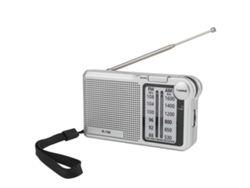 Radio portátil AM/FM con altavoz y conector para auriculares. Funciona con pilas AA. Mdug (plateado).