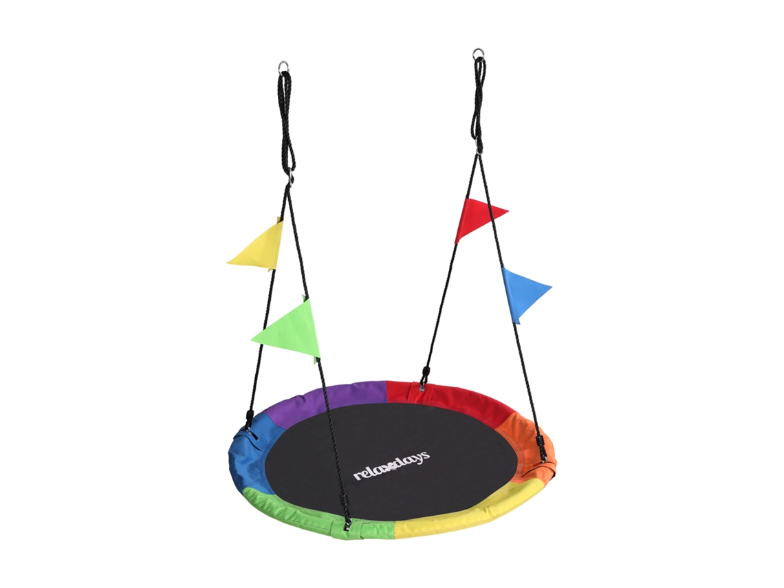 Relaxdays Columpio Nido Redondo, Con Banderines, Niños, Ajustable, Exterior, Ø: 120 Cm, Hasta 100 Kg, Multicolor