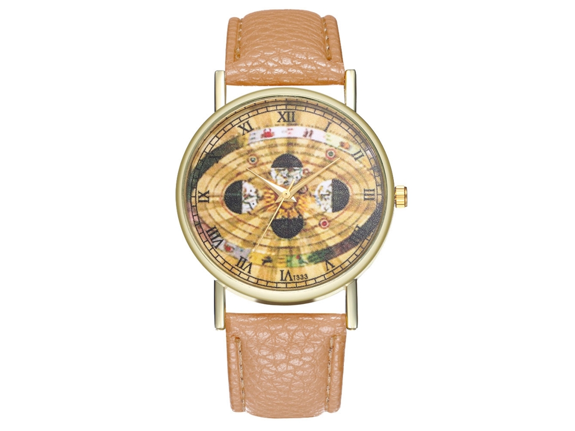 Reloj De Pulsera De Cuarzo Con Correa De Poliuretano, Diseño Espacial Y Esfera Redonda Beige.