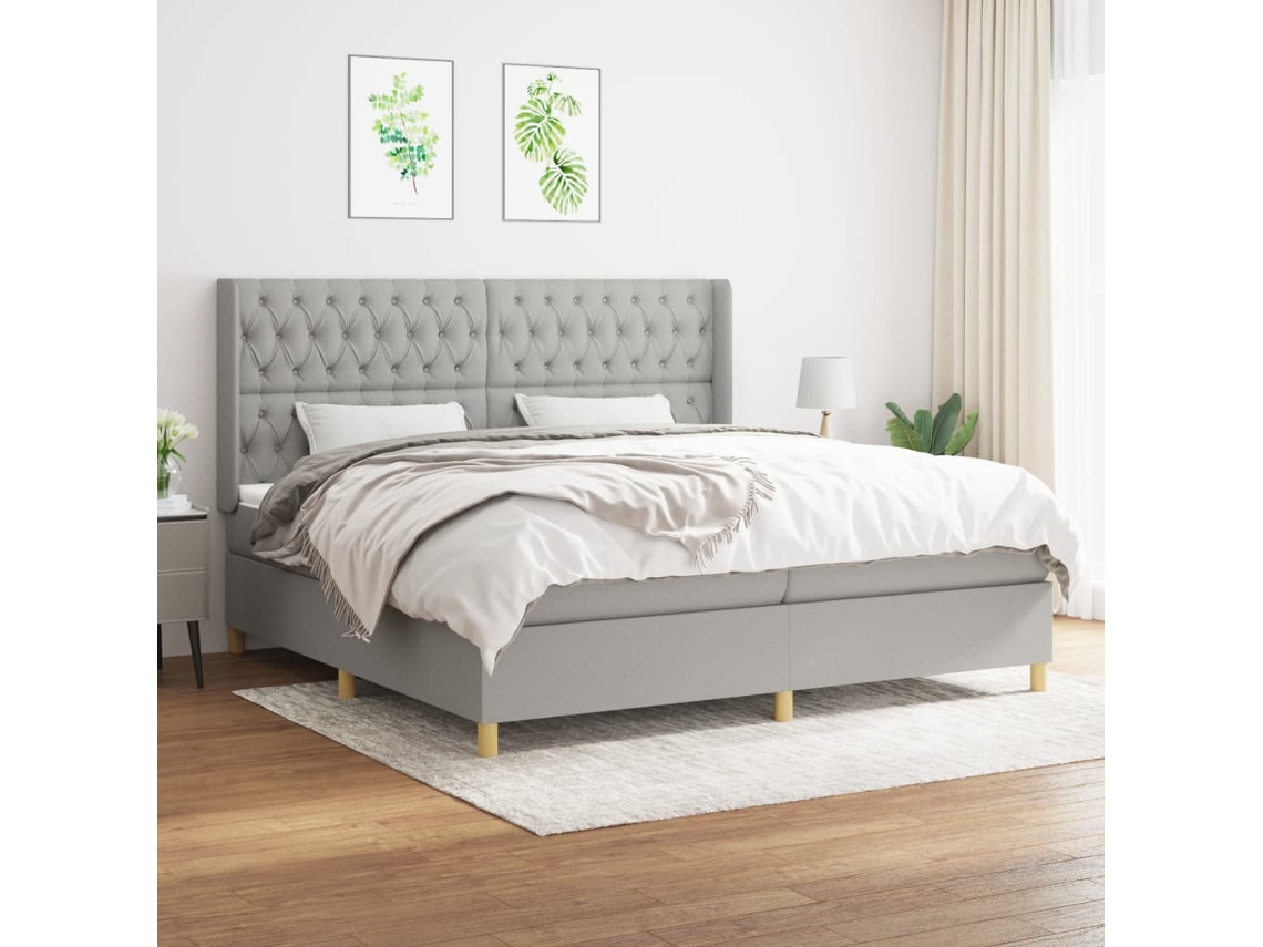 Cama Box Spring Con Colchón Tela Gris Claro 200x200 Cm