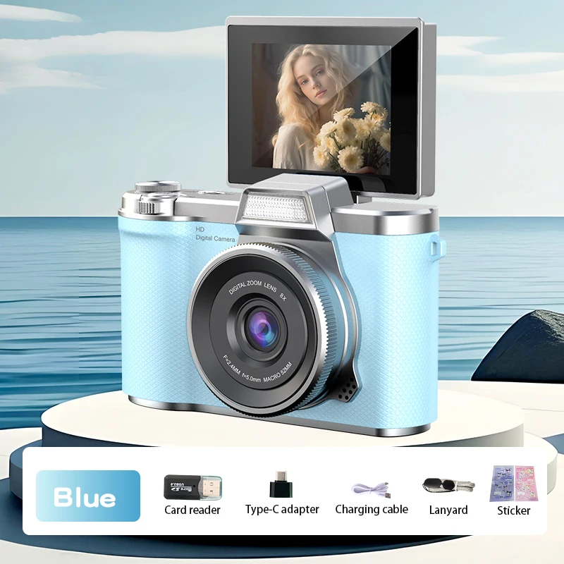 (versión Azul Con Tarjeta Tf De 64 Gb) Cámara Digital 4k Con Resolución De 48 Mp, Pantalla Abatible De 180° Recargable.