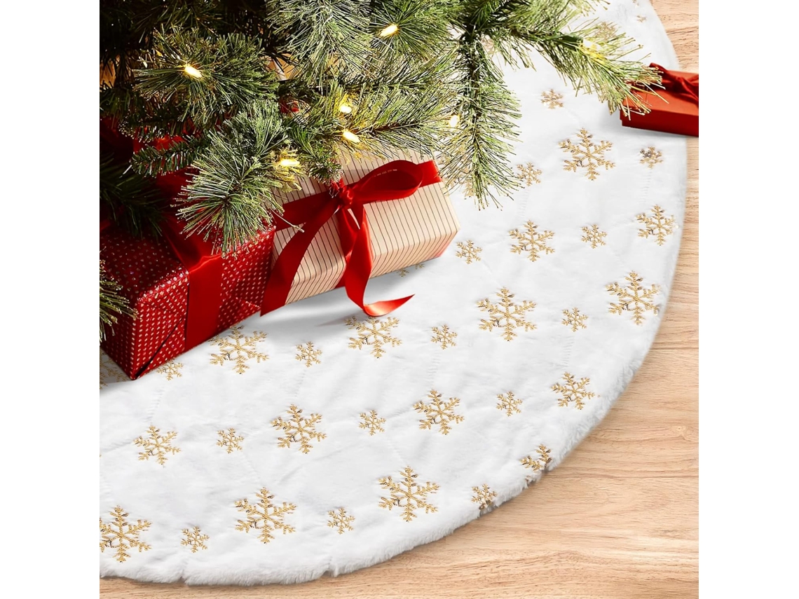 Falda para árbol de Navidad de 91 cm – Decoración navideña con copos de nieve, lentejuelas doradas y felpa blanca para la celebración de las fiestas.