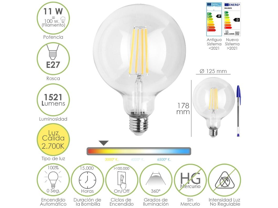 Bombilla led filamento globo e27. 11 watt. equivale a 100 watt. 1521 lumenes. luz calida 2700 k.