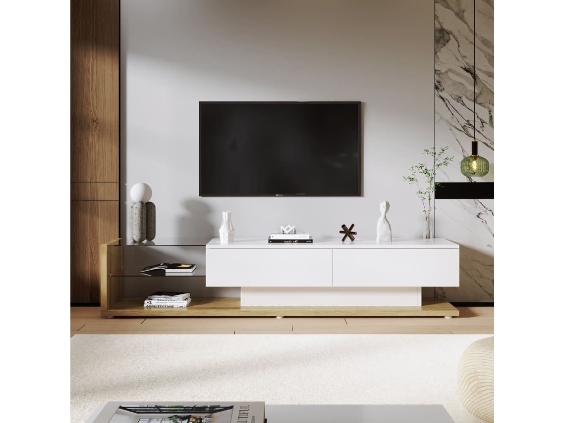 Mueble Tv 170 Cm - Panel Brillante, Particiones De Vidrio, Iluminación Led Variable - Blanco