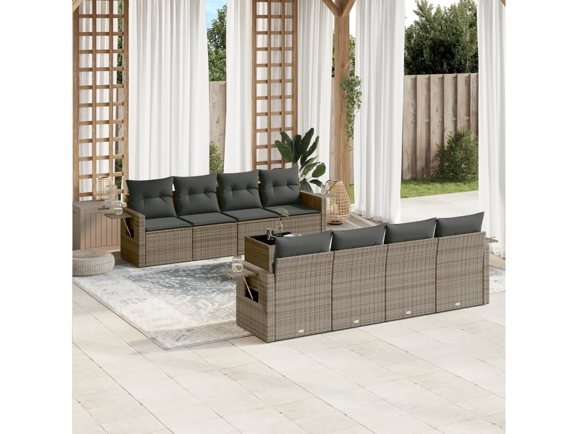 Conjunto de sofá de jardín de 9 piezas con cojines, mimbre gris, DKD Home Decor