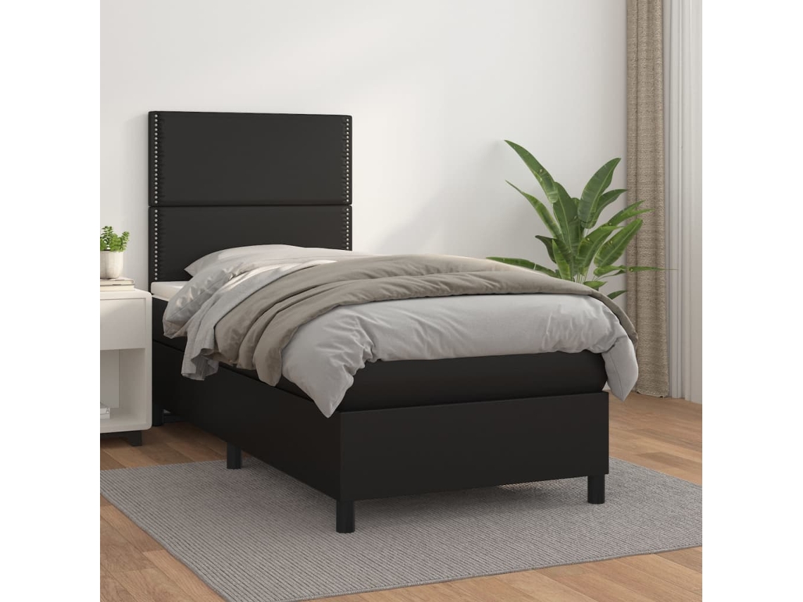 Cama Box Spring Con Colchón Cuero Sintético Negro 100x200 Cm