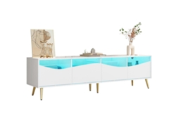 Mueble Tv 180x40x50 Cm - Con Iluminación Led, Frente De Vidrio, Pies Metálicos Dorados - Blanco