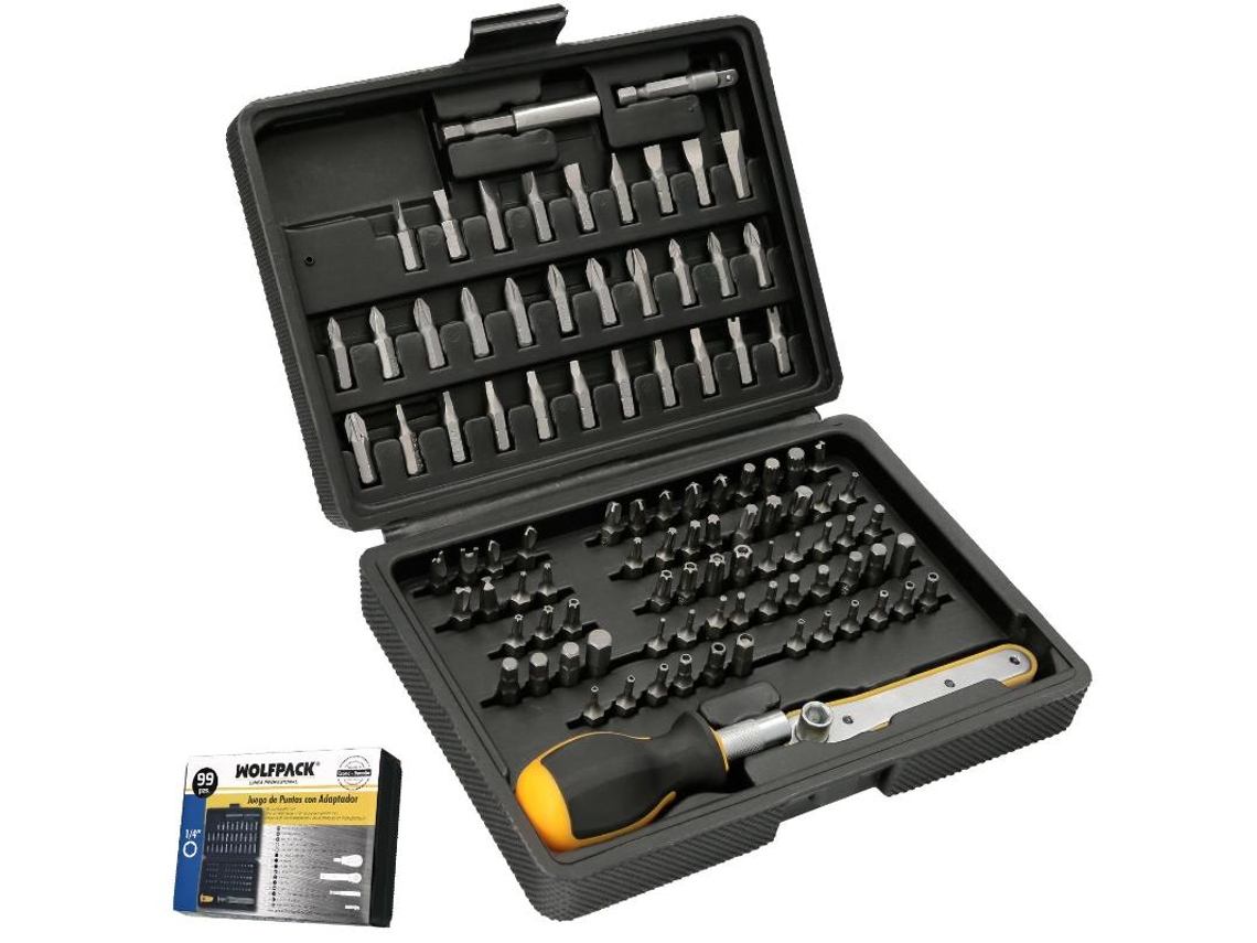 Juego Puntas Con Destornillador 1/4 99 Pzs WOLFPACK LINEA PROFESIONAL LINEA PROFESIONAL Con Apadtador - Cromo Vanadio - Kit Llave Combinada - Kit Carraca