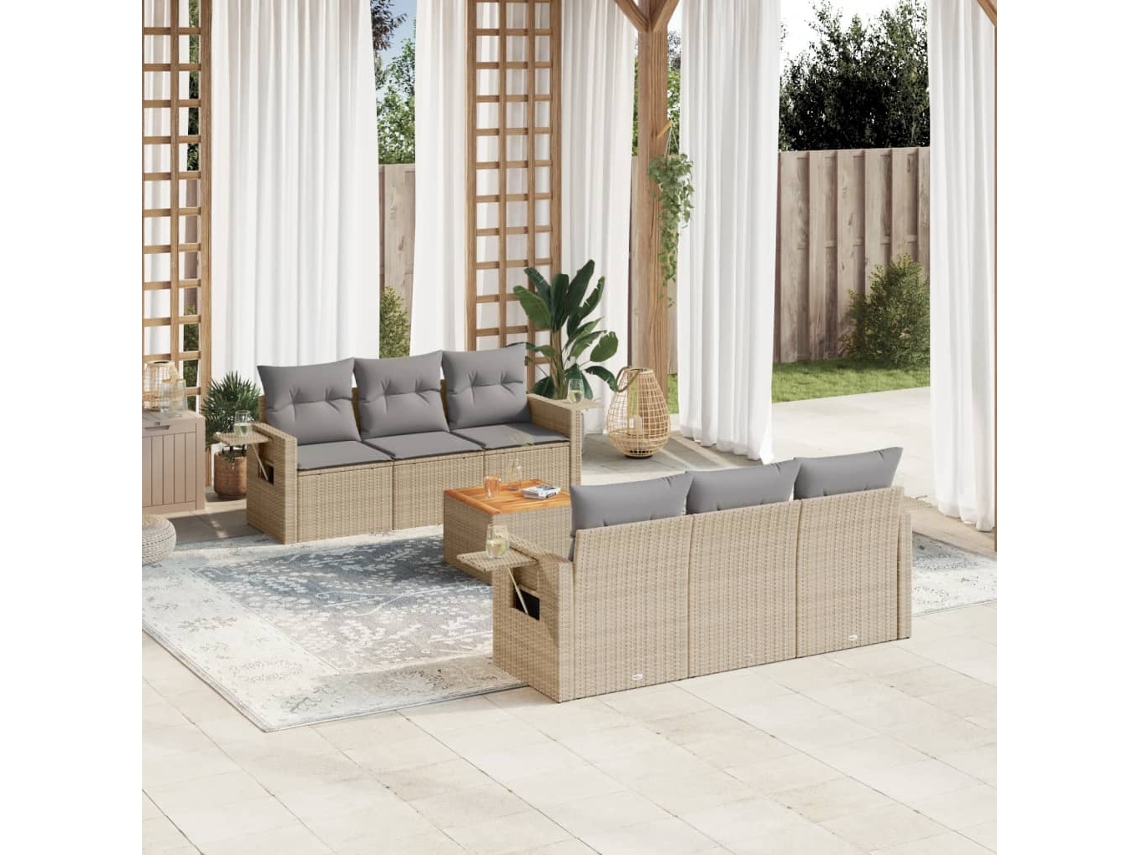 Conjunto de sofá de jardín de 7 piezas con cojines, mimbre beige mixto, DKD Home Decor