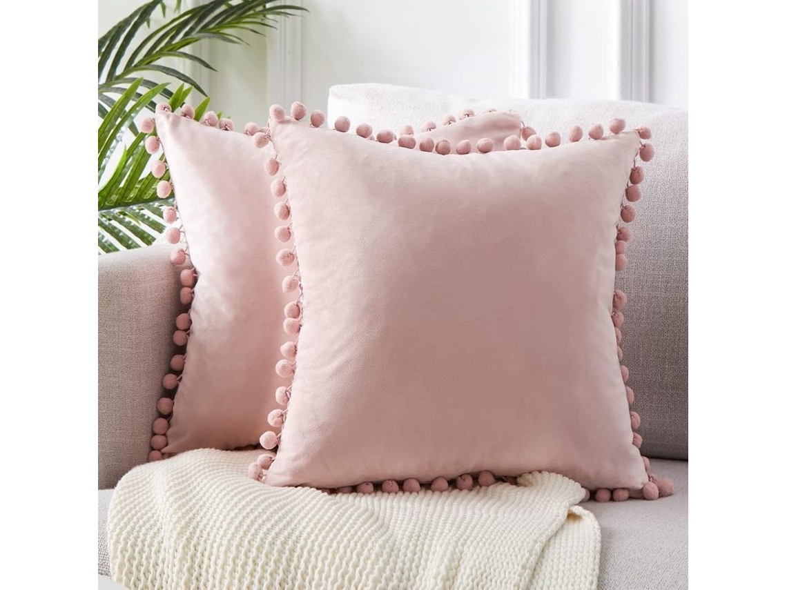 2026-funda De Almohada Decorativa 45x45 Cm Tela De Terciopelo Suave Con Pompones Para Sofá Dormitorio Coche Rosa 2 Unidades