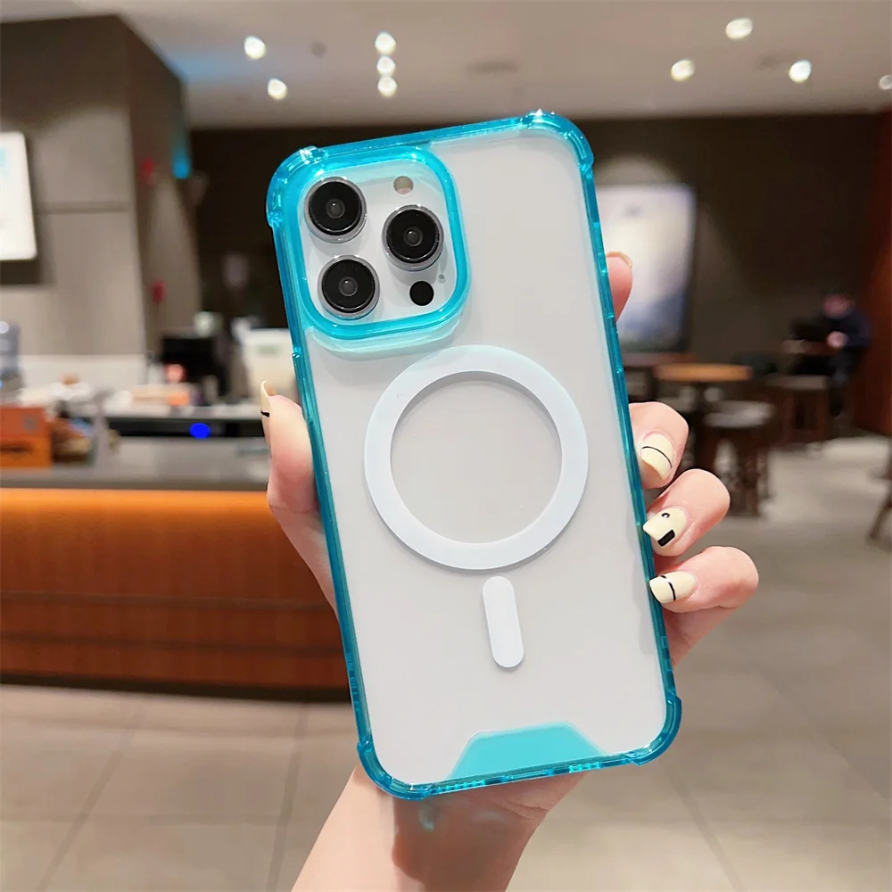 (iphone 14 Pro Max, Azul) Funda De Carga Inalámbrica Magnética Magsafe Para Iphone Con Bisel Transparente A Prueba De Golpes