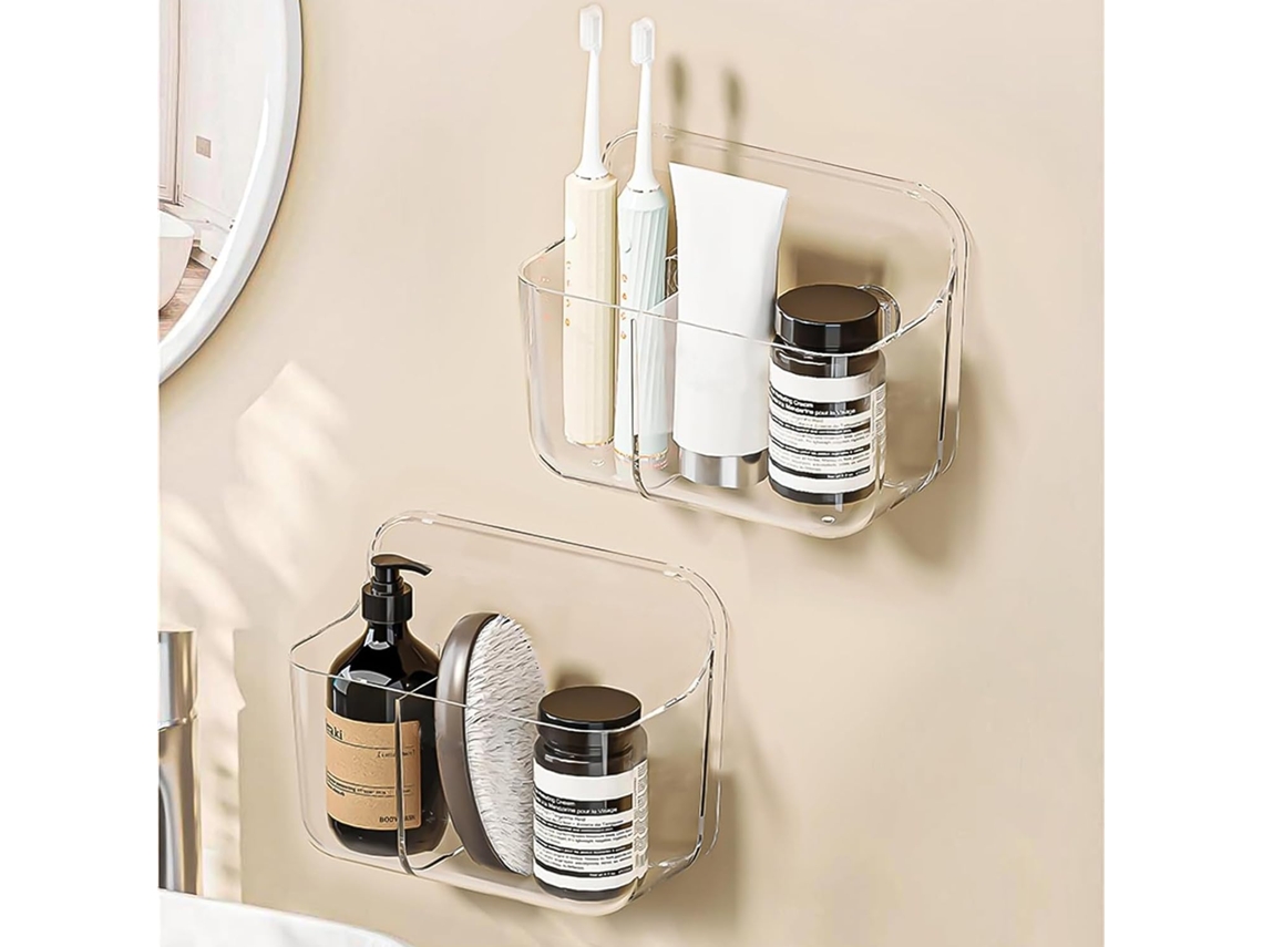 Set De 2 Estantes Murales De Acrílico Transparente, Adhesivos Sin Perforar, Dos Compartimentos Para Baño, Cocina Y Sala.