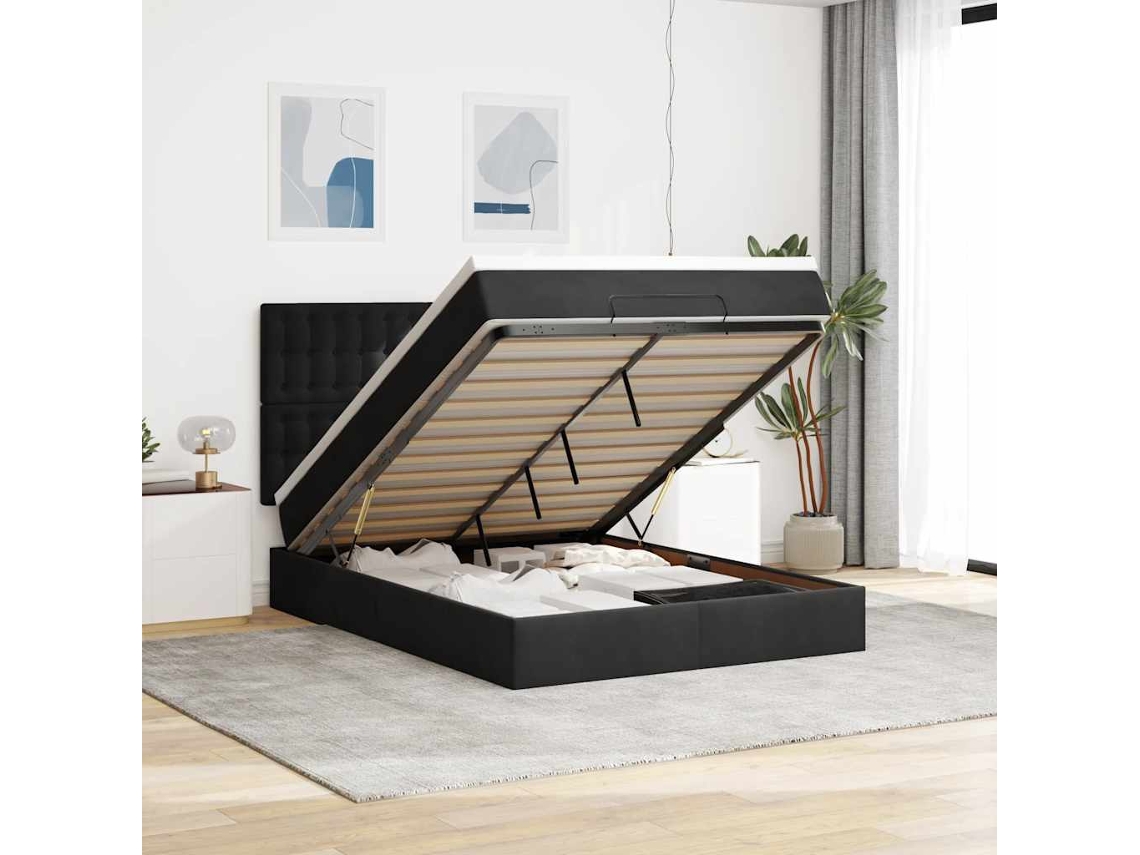 Estructura De Cama Otomana Con Colchones Terciopelo Negro