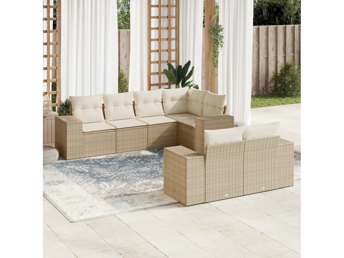 Conjunto de sofá de jardín de 7 piezas con cojines, mimbre sintético beige, Dkd Home Decor