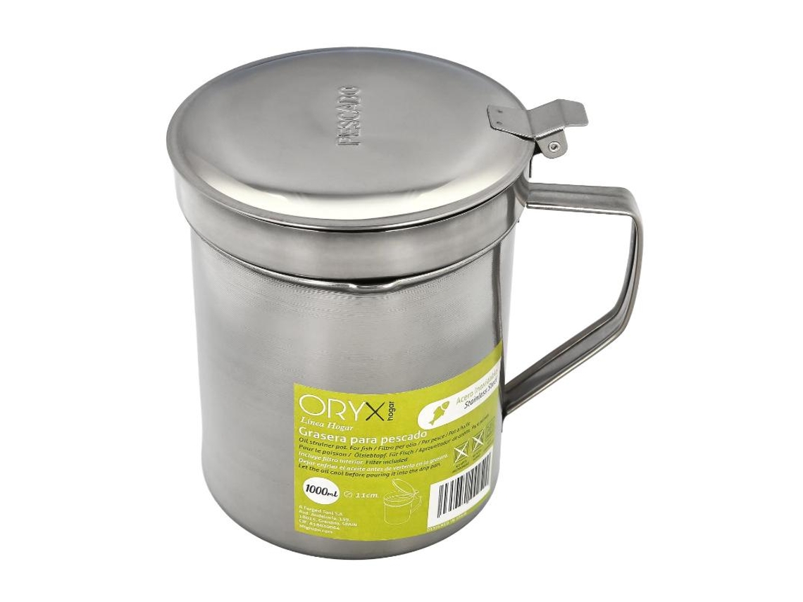 Grasera Acero Inoxidable Para Pescado Aceitera Aceite Usado 1.0 L. Con Colador y Tapa. Recipiente Reciclaje Aceite Usado Pescado ORYX
