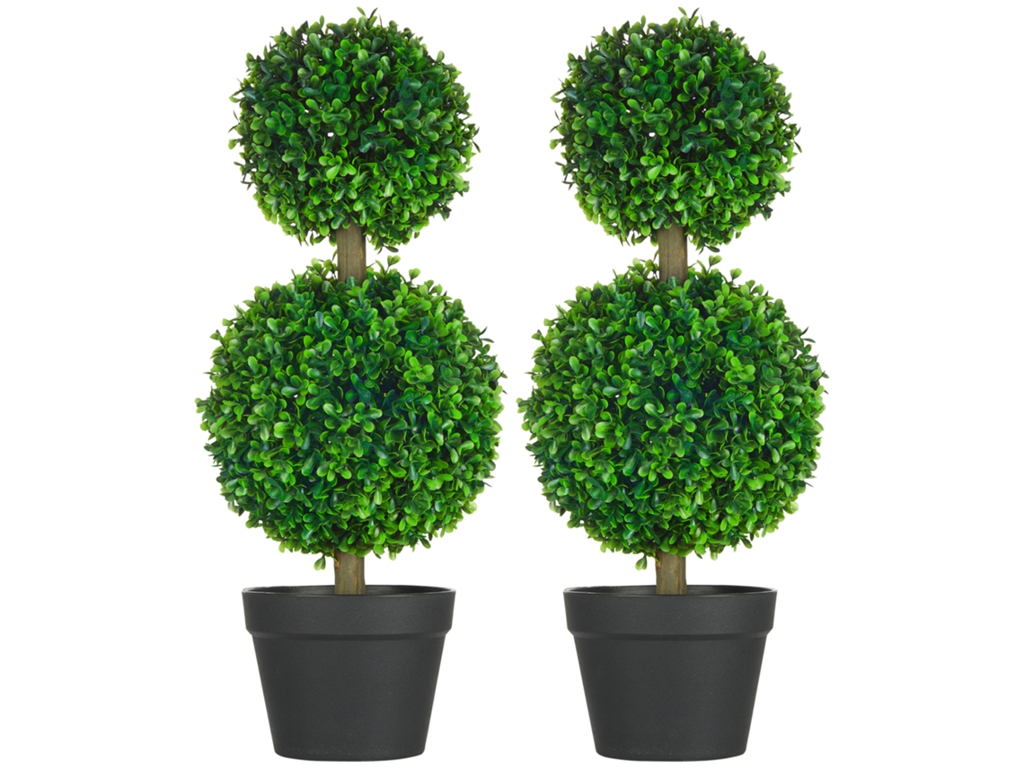 Juego de 2 plantas artificiales de boj de 60 cm, resistentes a los rayos UV, con doble bola para uso interior y exterior. Zkaka