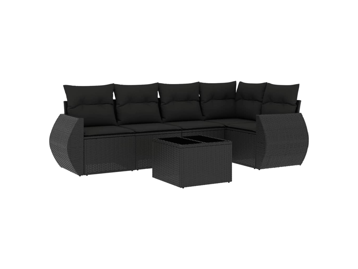 Conjunto de sofá de jardín de 6 piezas con cojines de mimbre, negro, EXCLUSIVO DE LA CASA (6 piezas)