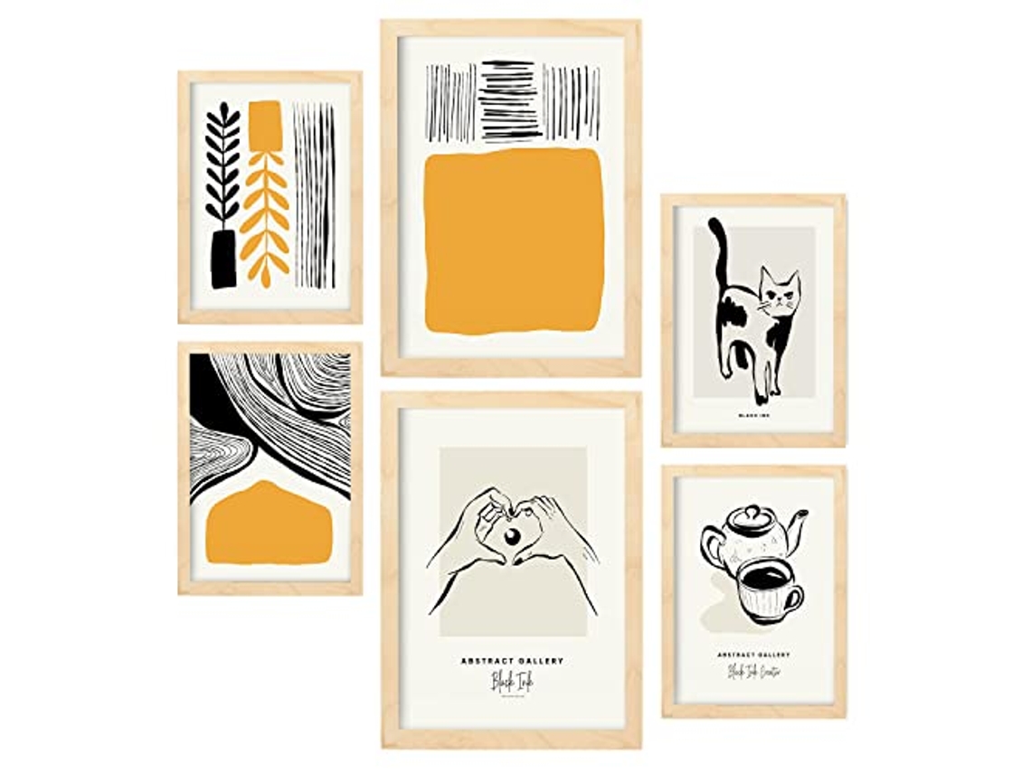 NACNIC Set De 6 Posters En Tinta Negra Hogar Láminas Artísticas Y Abstractas Para  Tamaños A3 & A4 Marcos Color Madera