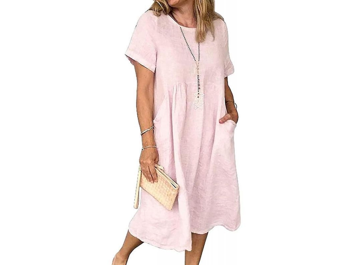 2026-vestido Largo De Lino Boho Para Mujer, Verano Playa, Manga Corta, Bolsillos Laterales, Cómodo Y Transpirable 2xl Rosa