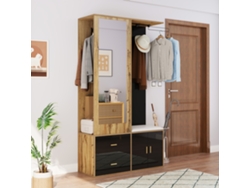 Juego De Armario - 5 Ganchos - Espejo, Zapatero, Banco Y Percheros Extensibles - Negro + Natural
